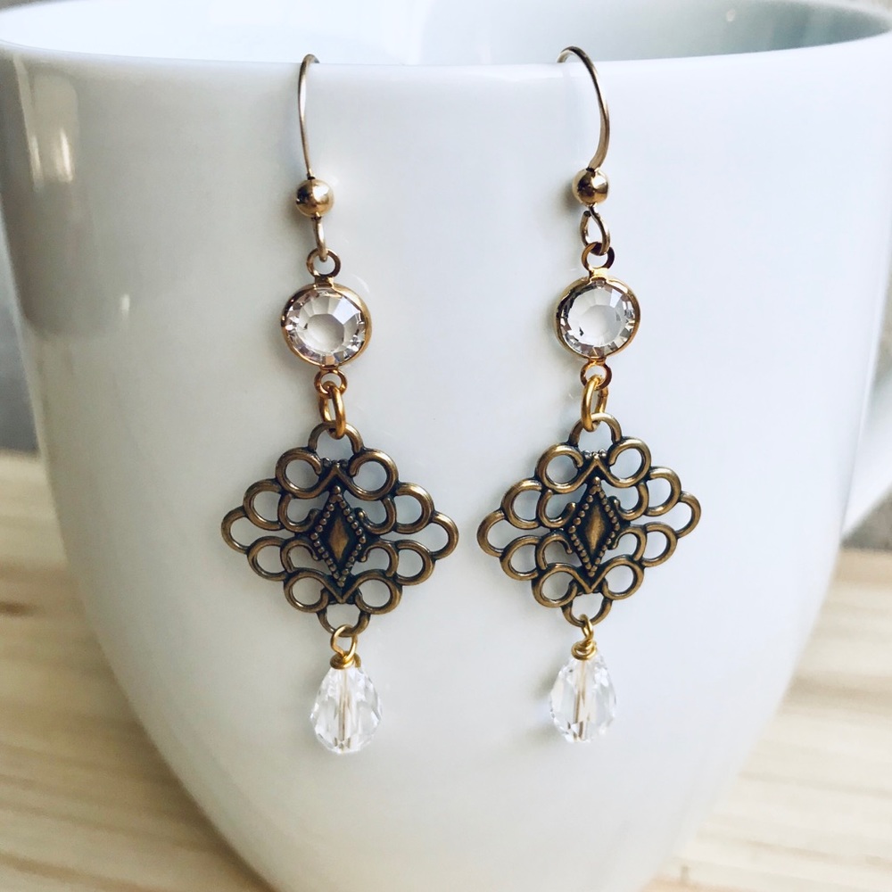 5 for $25 🎁Brass Filigree Swarovski Bead Earrings